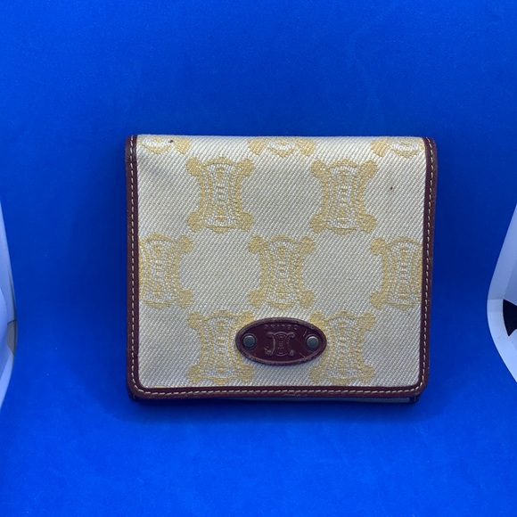 Auth CELINE Macadam Yellow Dark Brown Denim Leather Double-hook Wallet - Picture 6 of 15